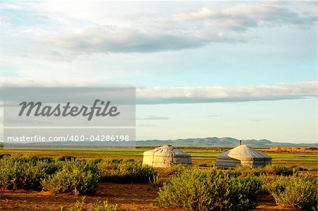 Landscape of gers on the grasslands of Mongolia