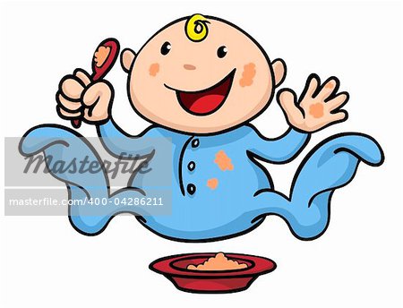 Clipart illustration of a happy cute baby weaning playing and eating his or her food