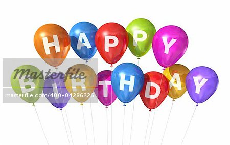 3D colored Happy Birthday balloons isolated on white background