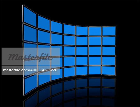 3D video wall of flat tv screens, isolated on black. With 2 clipping paths : global scene clipping path and screens clipping path to place your designs or pictures.