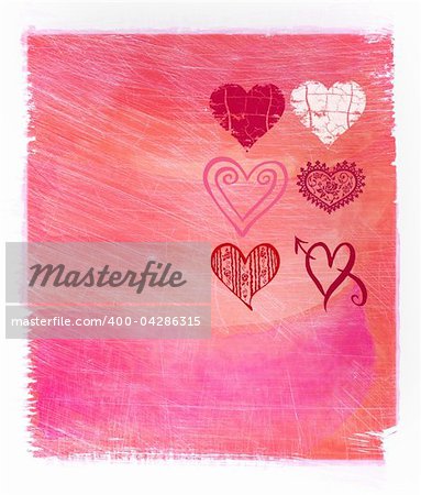 Abstract pink watercolor background with hearts