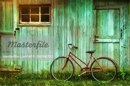 Digital Painting of old bicycle  against grungy barn