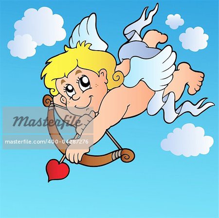 Cupid shooting with bow on blue sky - vector illustration.