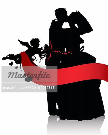 Silhouettes of wedding couple and cupid with red banner isolated on white background,You can find similar images in portfolio