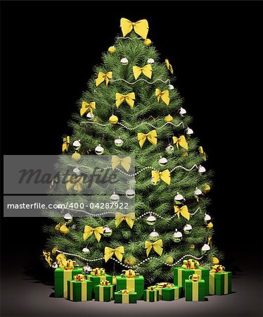 Christmas fir tree decorated with golden bows and balls over the black 3d render