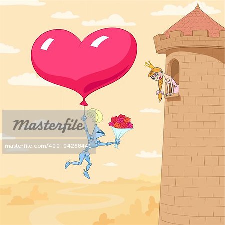 At Valentine's Day a knight flies on a heart shaped balloon to present a flower to princess