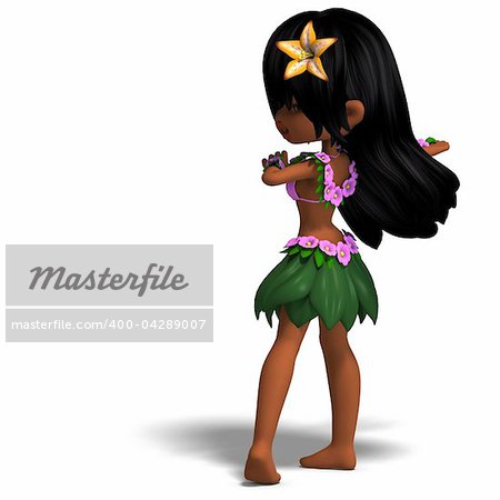 very cute hawaiin cartoon girl is dancing for you. 3D rendering with clipping path and shadow over white