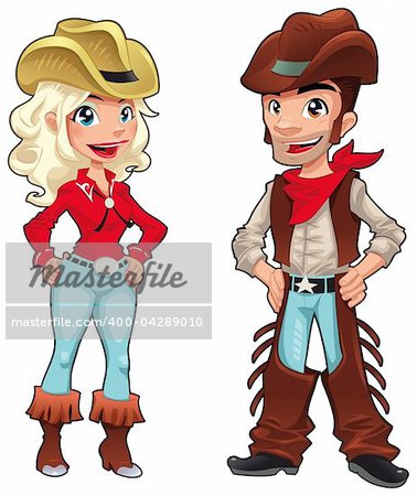 Cowboy and cowgirl. Funny cartoon and vector characters, isolated objects