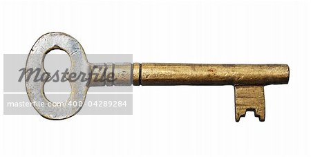 Vintage brass key on white background, clipping path.