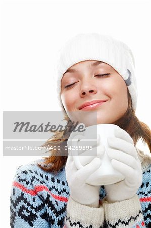 Beautiful woman holding white cup. Isolated over white.