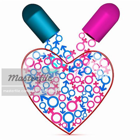 illustration of heart with capsule and male female icons on isolated background
