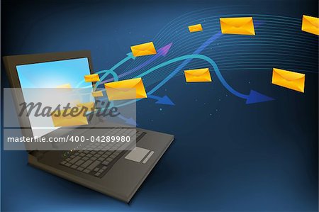 illustration of laptop with arrow and letters on abstract background