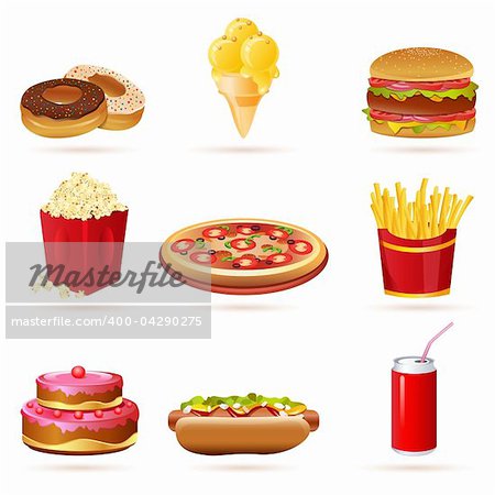 illustration of junk food icons on white background