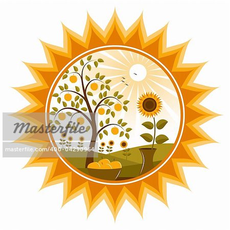 vector apple tree and sunflowers in sun, Adobe Illustrator 8 format