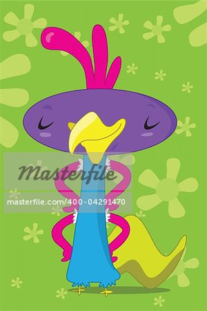 Chicken bird cartoon monster, with four arms, large purple oval head, slimy tail, and confident smile on her face, on a greend flower background