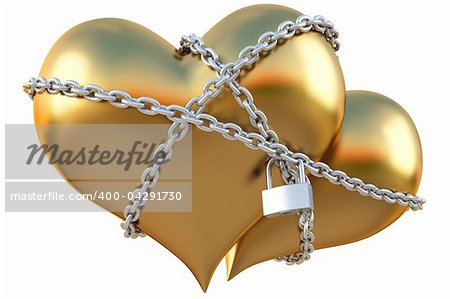 two golden hearts linked together with silver chain. isolated on white with clipping path.