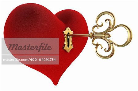 red heart with a keyhole and key. isolated on white. with clipping path.