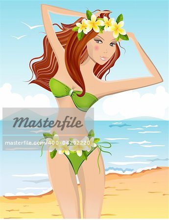 Young girl in bikini with floral Hawaiian wreath