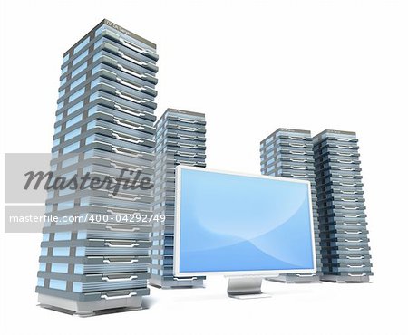 Hosting Server Farm and monitor. White background. 3D image