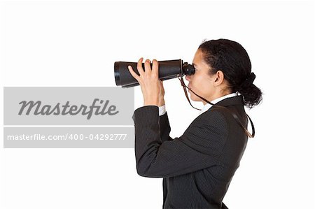 Woman with binoculars searching for business in the future. Isolated on white background.