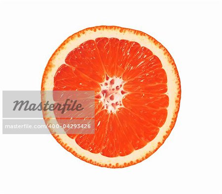 Close up of sliced pink grapefruit isolated on white background