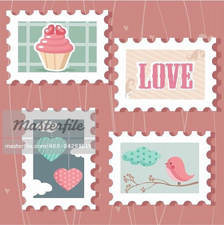 set of valentine`s day postage stamps, vector illustration