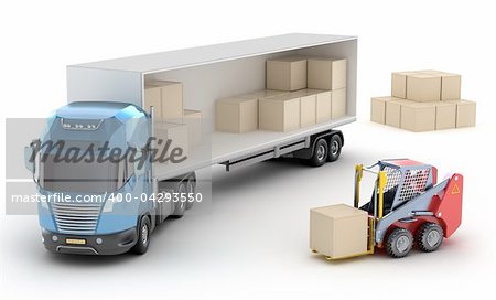 Forklift is loading the truck. Isolated . My own design. White background