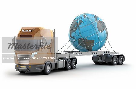 Modern truck carrying the earth, white background, 3d image