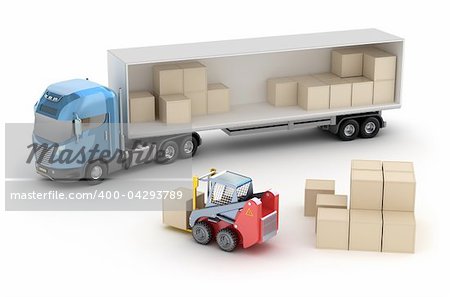 Forklift is loading the truck. Isolated on white. My own design. 3D image