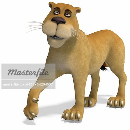 very cute and funny female cartoon lion. 3D rendering with clipping path and shadow over white