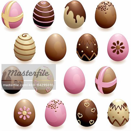 16 glossy, detailed chocolate eggs for easter. Graphics are grouped and in several layers for easy editing. The file can be scaled to any size.