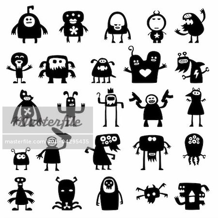 Collection of cartoon crazy funny monsters silhouettes