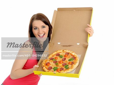 Pretty young casual woman with tasty pizza in delivery paper box.   solated on white background