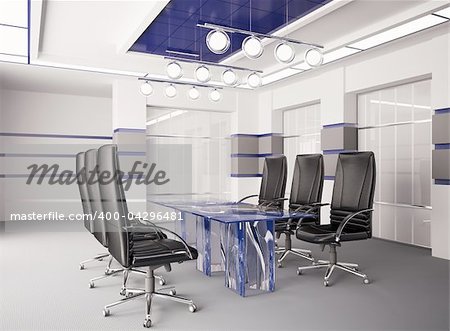 Modern boardroom with blue glass table interior 3d