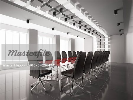 Modern boardroom with red table interior 3d render