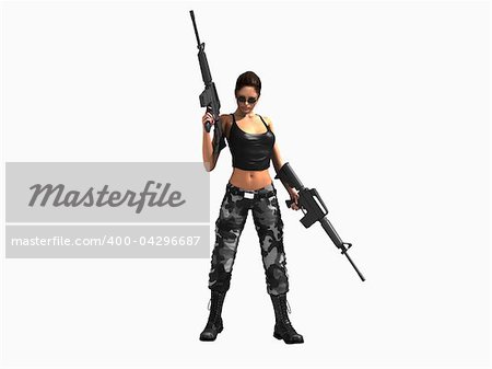 3d illustration of a soldier girl holding two guns