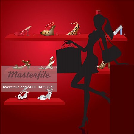 beautiful woman in shoe shop - vector illustration