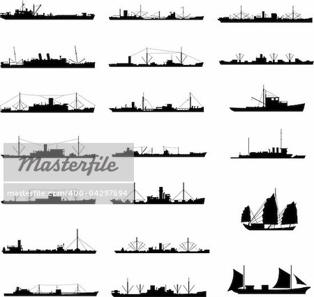 Illustration of 20 different kinds of cargo ship in vector.