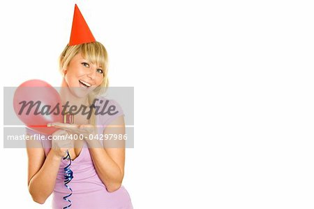 Close-up of an attractive young woman with balloons and smal gift box. Isolated on a white background