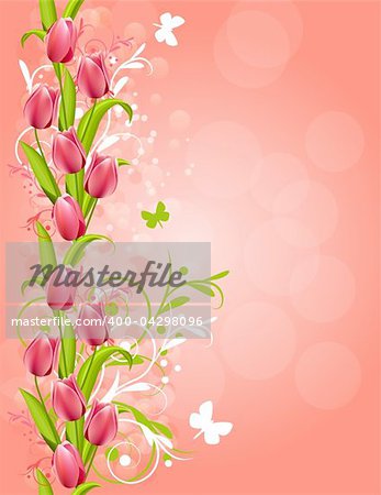 Vertical pink spring background with tulips and flourishes