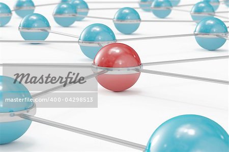 Abstract network made out of balls with red one standing out
