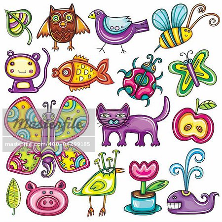 Flora and fauna theme. Cartoon vector set of colorful icons of animals, birds and plants. Doodle collection contains: leafs, owl, pigeon, bumble bee, monkey, goldfish, ladybug, butterfly, kitten, apple, pig, tropical bird,  tulip in the pot, whale