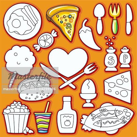 Vector doodle cute set of food icons.  part 1