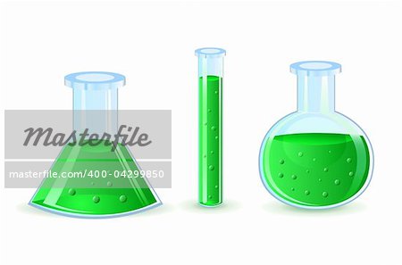 glass flasks with green substance isolated on white background
