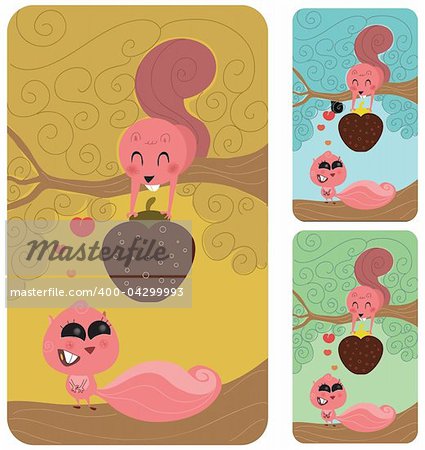 Cute male squirrel or rodent in a tree giving his nut or strawberry to his fiancee or lover. She is enticed with him, completly in love. Retro style illustration