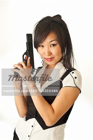 The Asian girl with a pistol in her hands