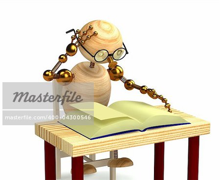 3d wood man reading book isolated on white