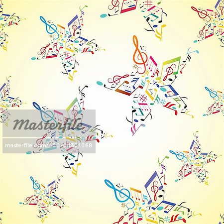 Music seamless background with note inside star. Vector illustration.