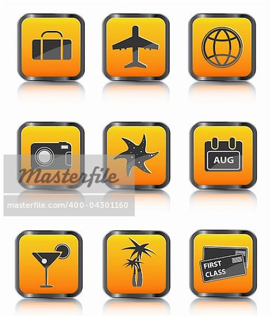 orange travel icon luggage airplane palm cocktail isolated on white background