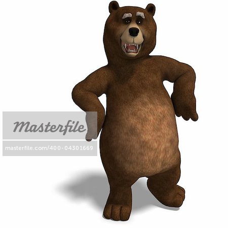 cute and funny toon bear. 3D rendering with clipping path and shadow over white
